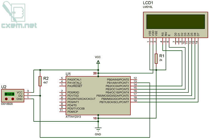 Схема термометра с DS18B20 и Attiny2313