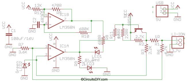 Схема USB зарядки Li-ion аккумуляторов на ОУ LM358 Схема USB зарядки Li-ion аккумуляторов на ОУ LM358