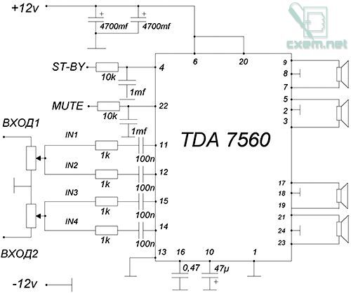 Схема УНЧ на TDA7560 для домашней акустики Схема УНЧ на TDA7560 для домашней акустики
