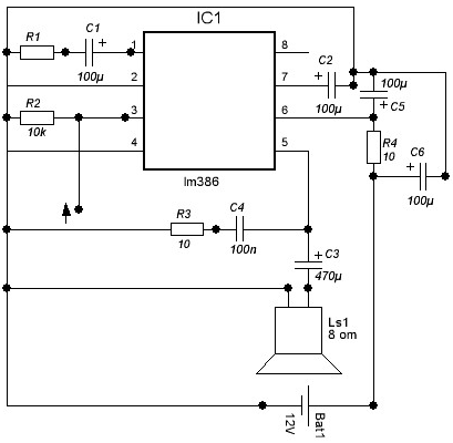 Схема усилителя на LM386 с регулировкой усиления