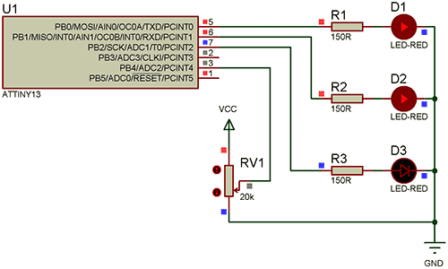 Схема подключения ATtiny13 для работы с АЦП