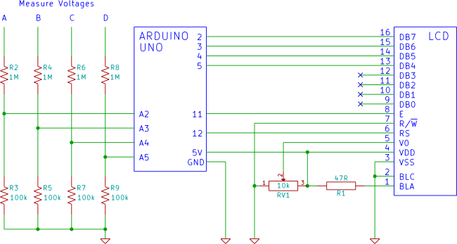 4-канальный вольтметр Arduino с ЖК-индикатором