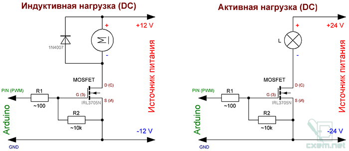 Схема подключения MOSFET-транзистора для управления мощной нагрузкой