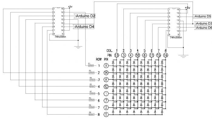 Подключение LED матрицы 8*8 к Arduino через сдвиговые регистры