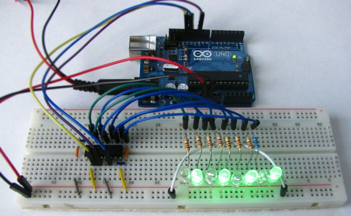 Схема подключения сдвигового регистра 74HC595 к Arduino