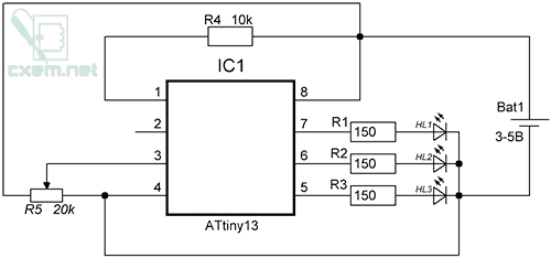 Схема подключения ATtiny13 для работы с АЦП