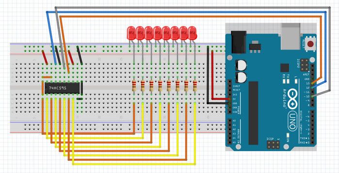 Схема подключения сдвигового регистра 74HC595 к Arduino