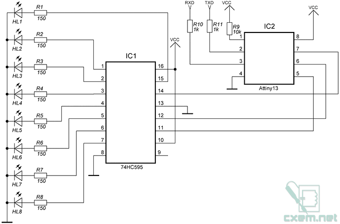 Контроллер 8 нагрузок ATtiny13 с управлением по UART