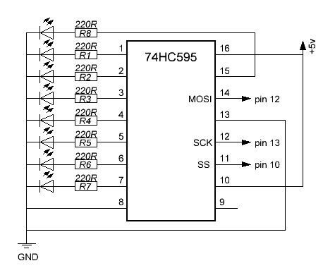 Схема подключения сдвигового регистра 74HC595 к Arduino